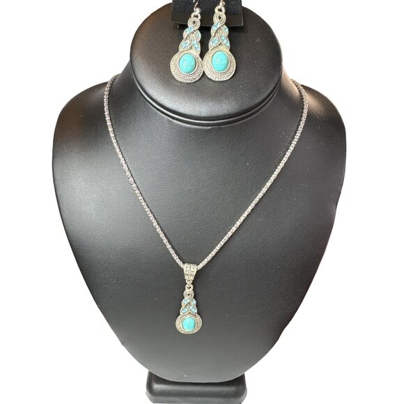 Western Blue Turquoise Dangle Pendant Chain Necklace Hook Earring Jewelry Set - Picture 1 of 7